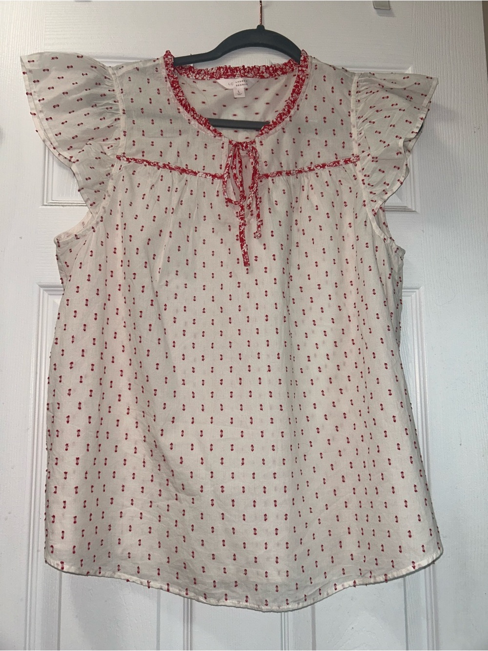 LC Lauren Conrad Cream Blouse with Red Micro Print and Ruffle Trim